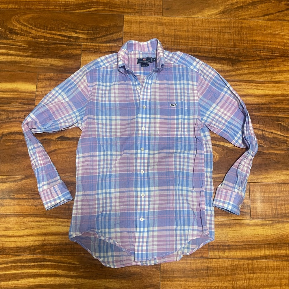 Vinyard Vines The Tucker Shirt Blue Pink Plaid Long‎ Sleeve Button Down Men's S